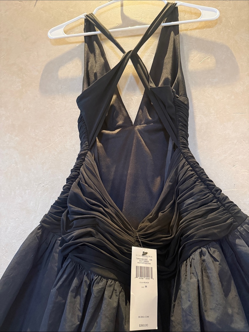 BCBGMaxAzria Black Ruched Bodice Midi Dress with Cross-Back Straps - Picture 7 of 11